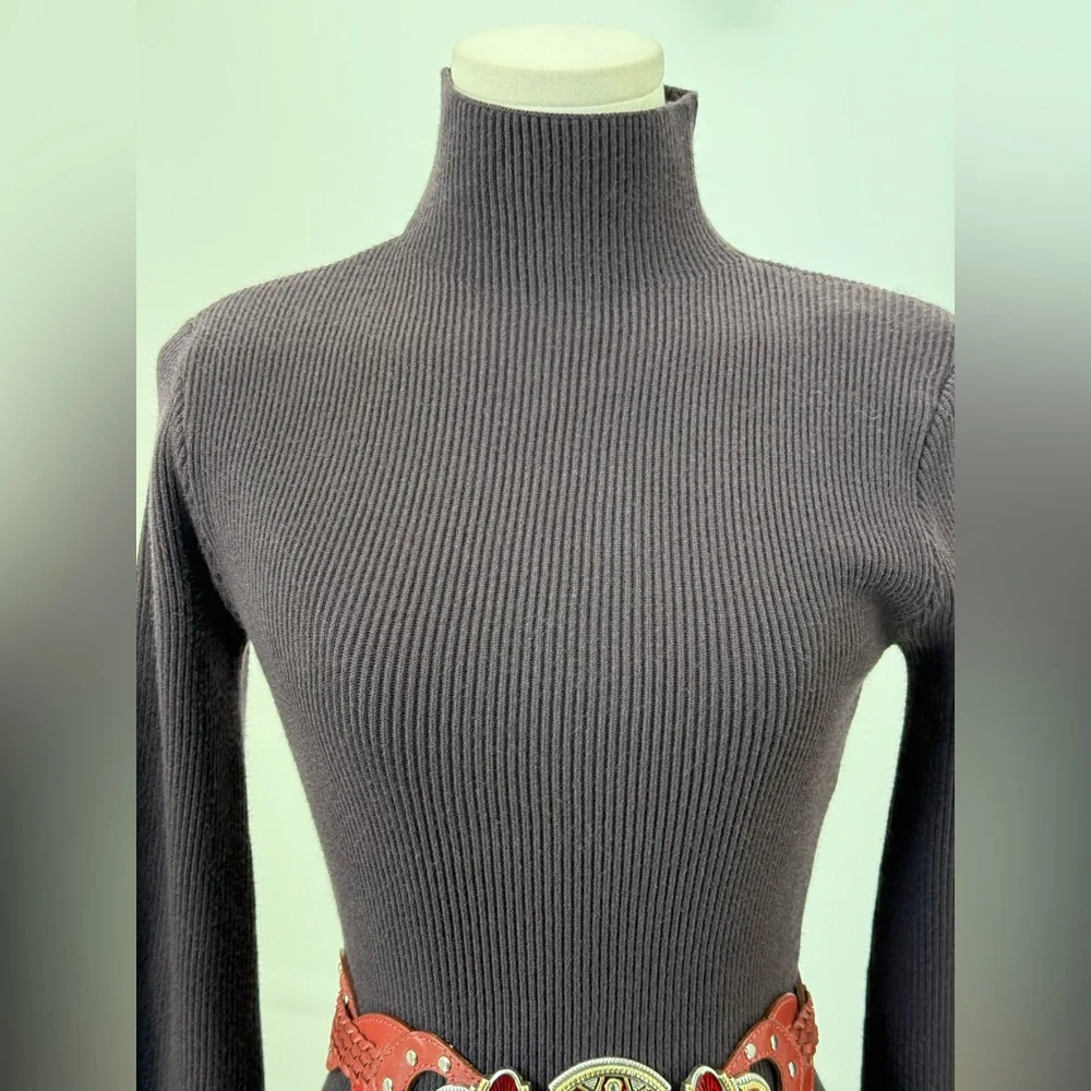 Crescent ASTOR LONG BELL SLEEVE MIDI Fitted SWEATER DRESS - PLUM Size M - Picture 6 of 16